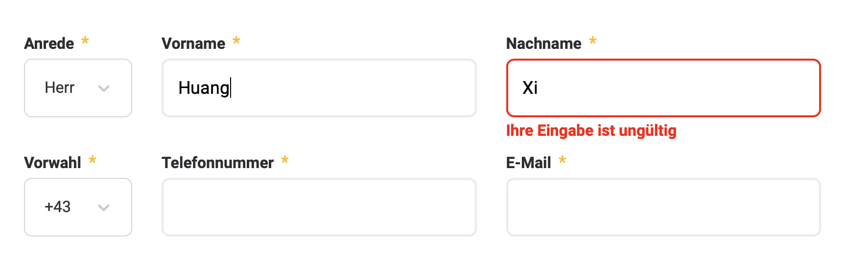 A screenshot of a contact form where a two-character last name is entered, but the validation fails without a specific error message.