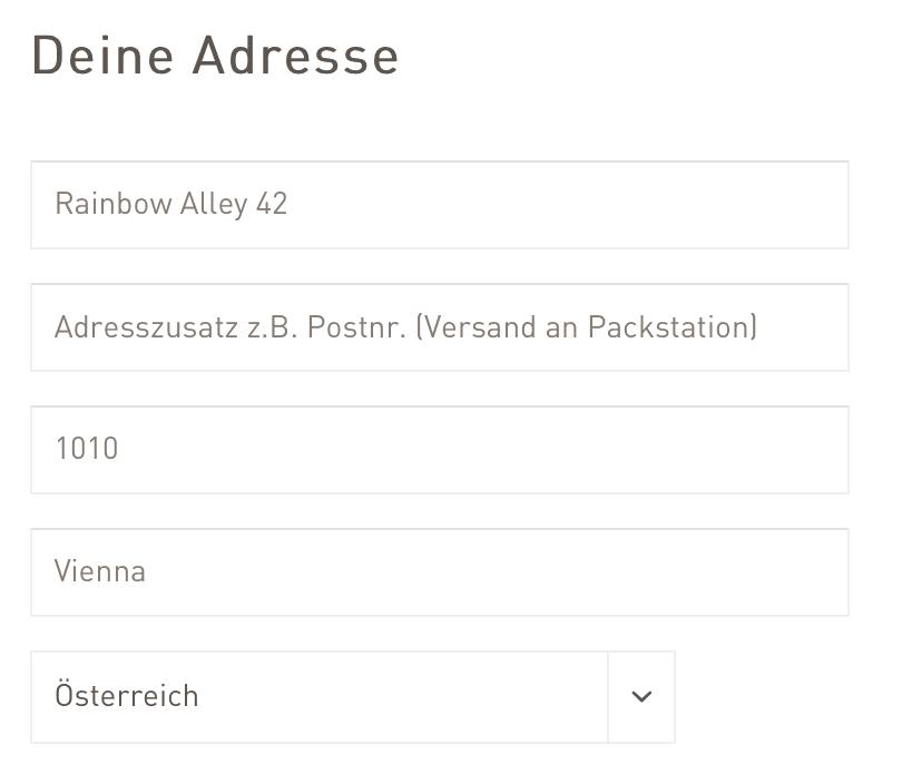 A form to enter address data, again without labels. Some inputs are already filled but it’s not easy to find out because the text color of the placeholder and value text is exactly the same.