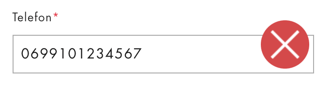 A phone number input field filled with a number and an icon that tells the user that there’s a problem with the input.