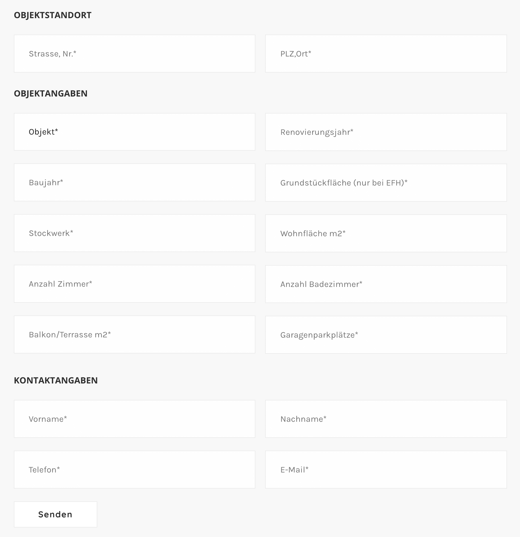 A form to enter information about a property and contact data.