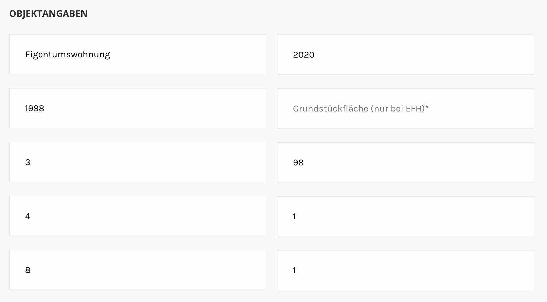 A part of the form filled with data. You can see a lot of input fields with numbers in it, but no labels.