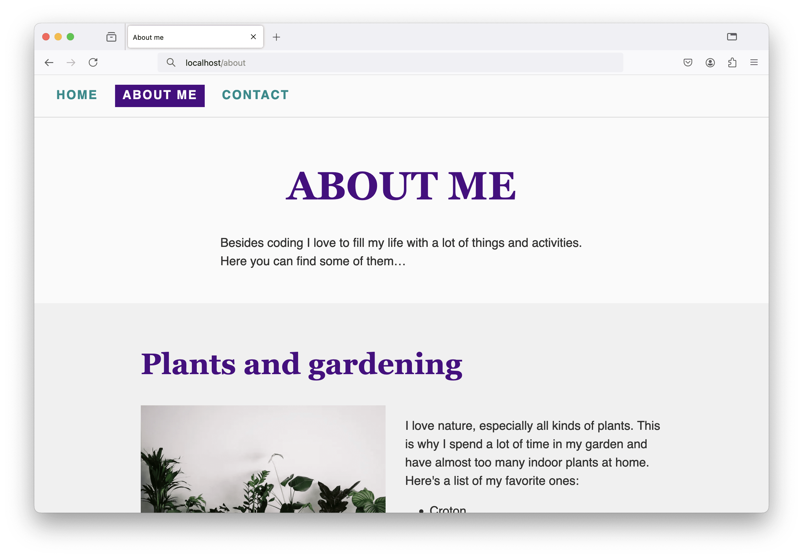 A screenshot of the about page where the “about” entry in the navigation has a dark background and light font and clearly stands out from the other items.