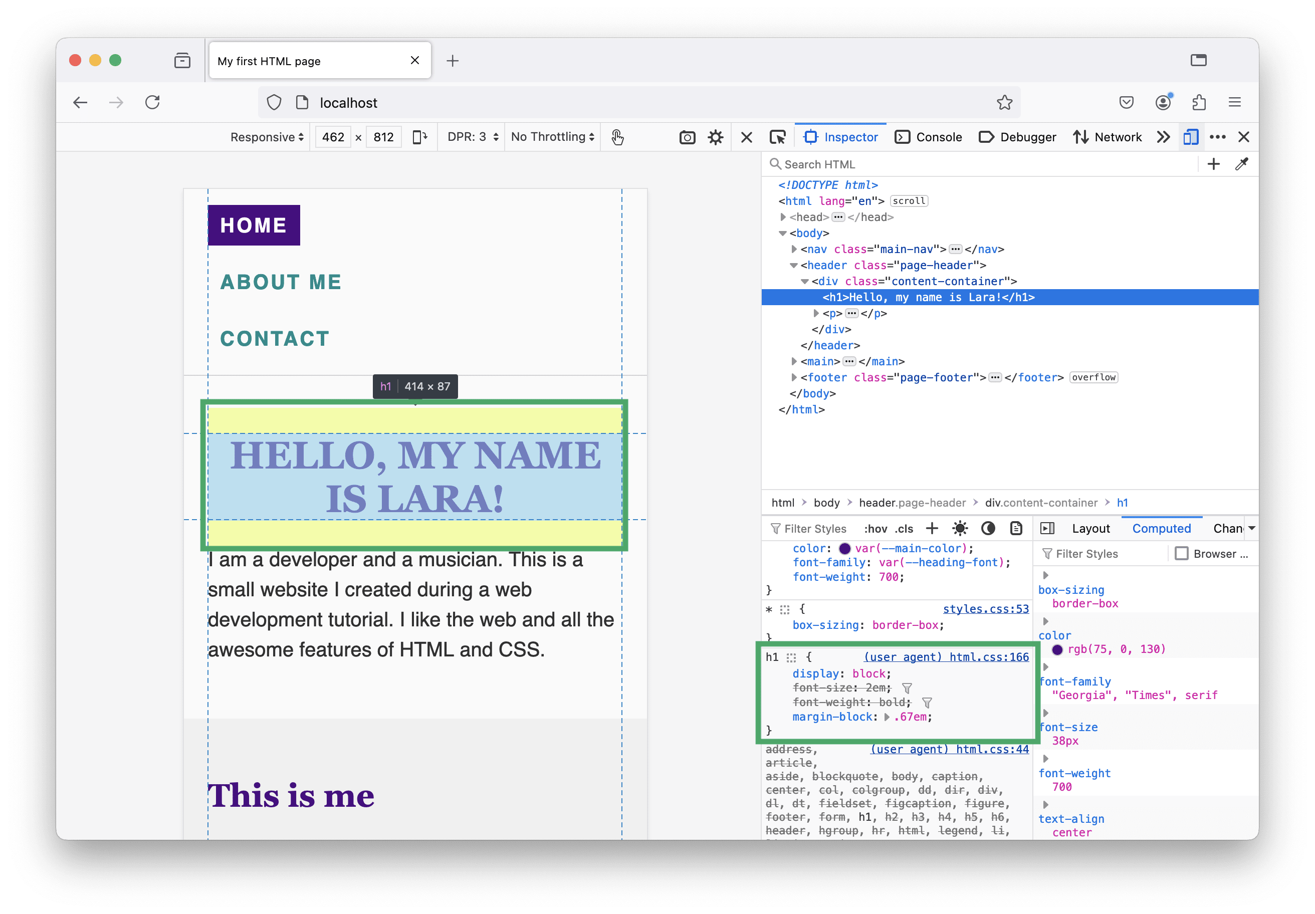 A screenshot of the homepage where the h1 headline is highlighted and the margin in block direction is visible. In the developer tools it says that the margin-block property is set to 0.67em by the user agent stylesheet.