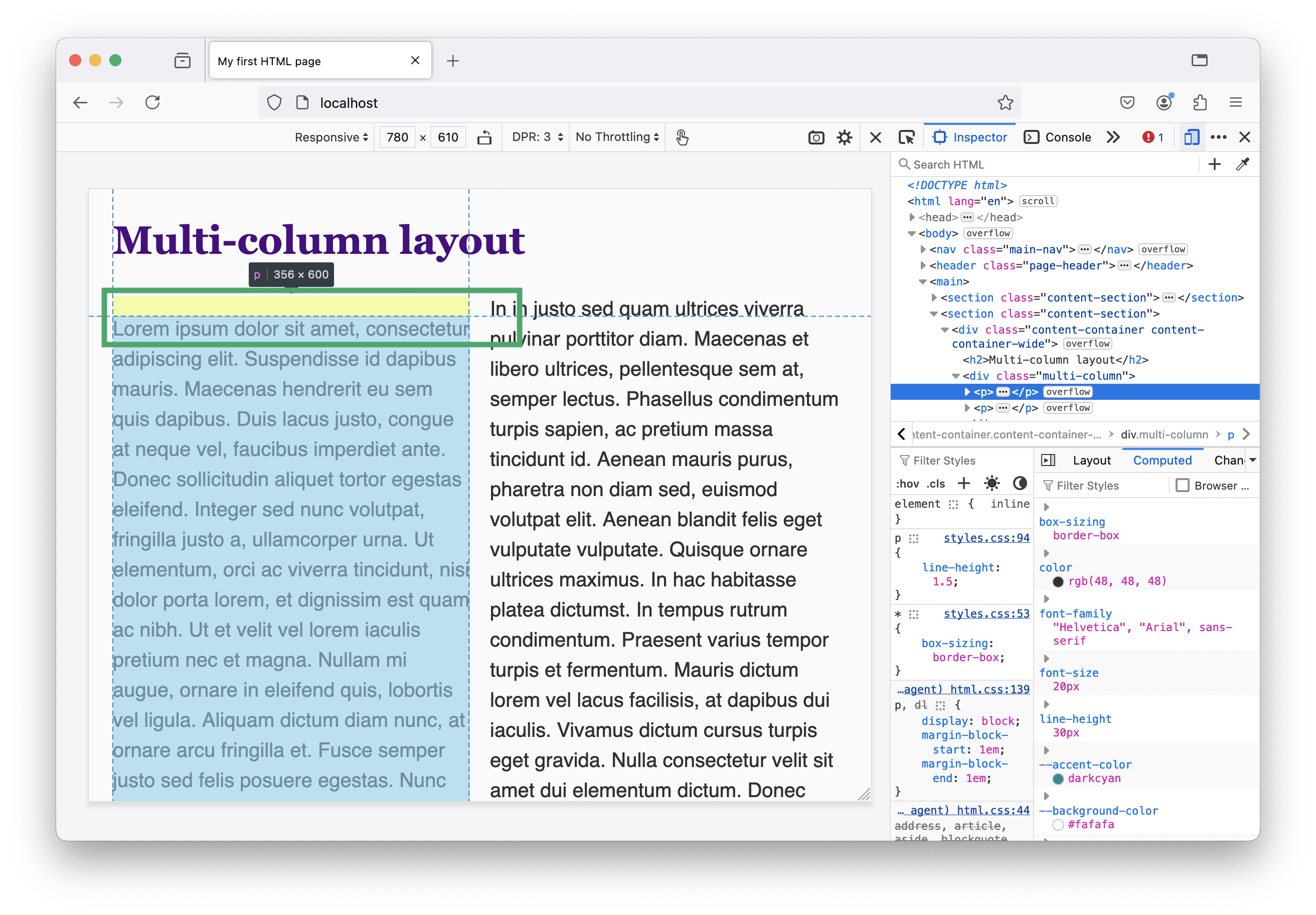 A screenshot of the section with a two-column layout. The first and second column are not aligned on top because of the top margin of the first paragraph.