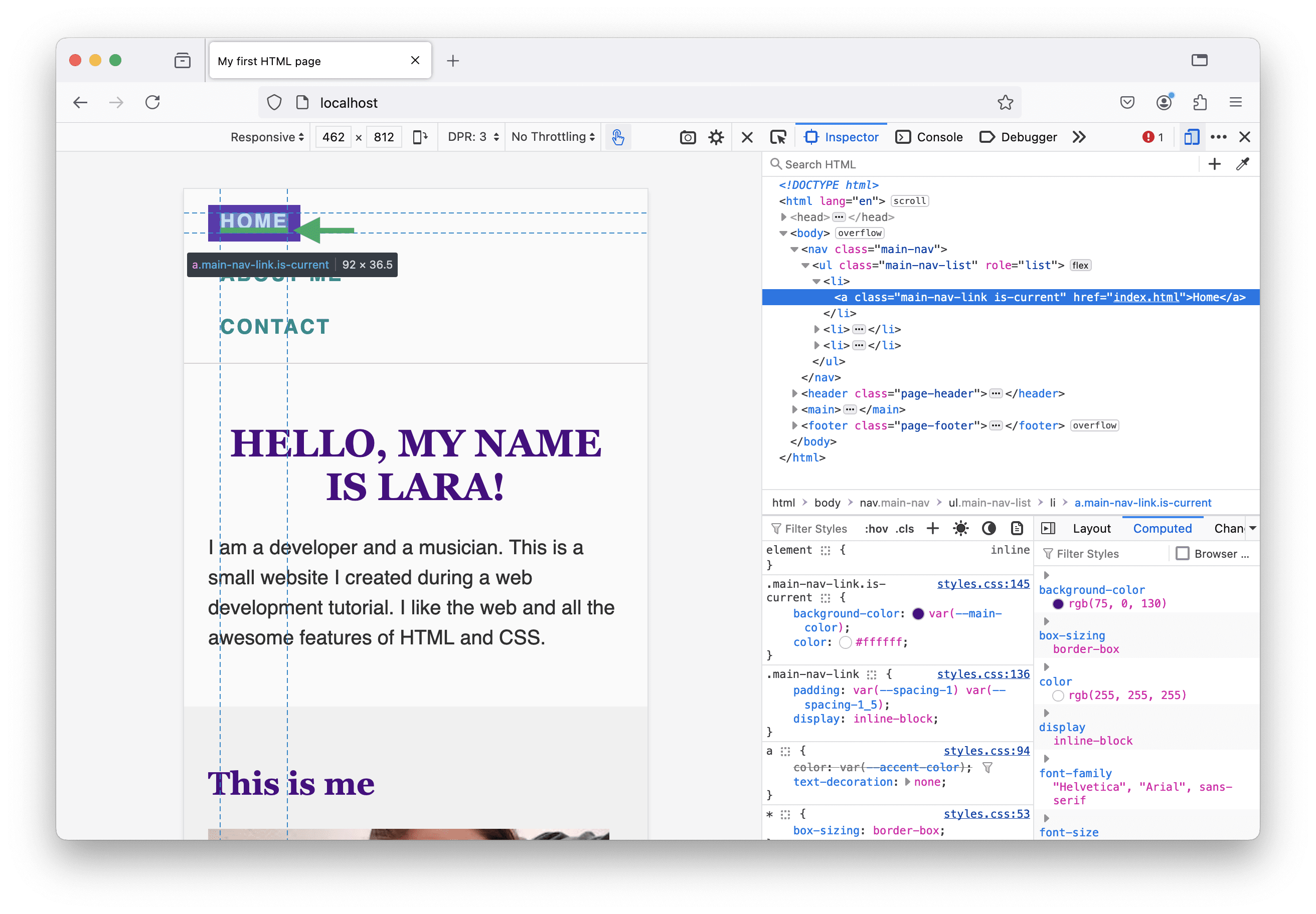 A screenshot of the homepage where the first navigation link is highlighted. The text is not centered vertically; it’s a few pixels off.