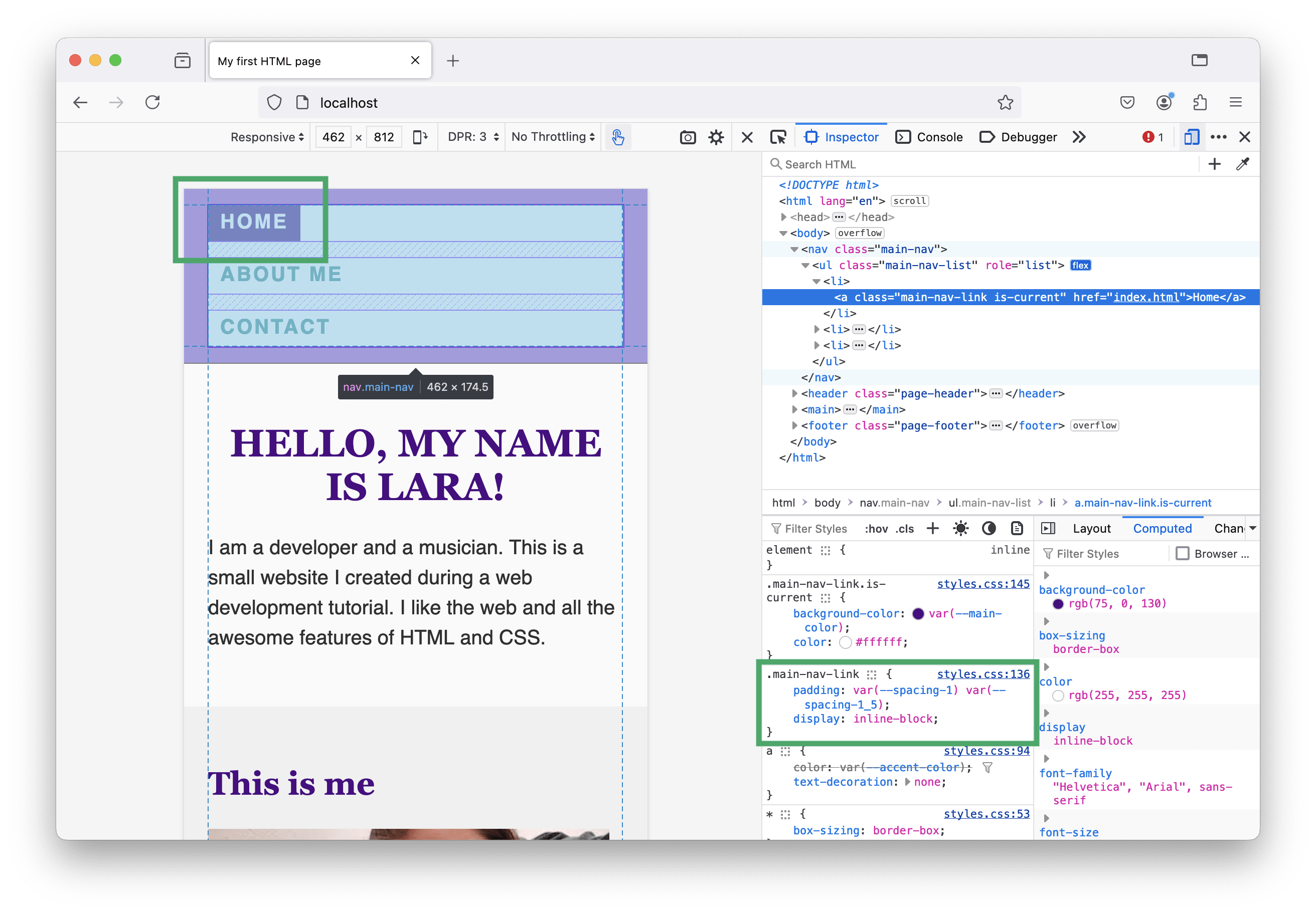 A screenshot of the homepage where the padding around the navigation is highlighted. There items are now aligned with the outer padding and there is additional space between the list items now.