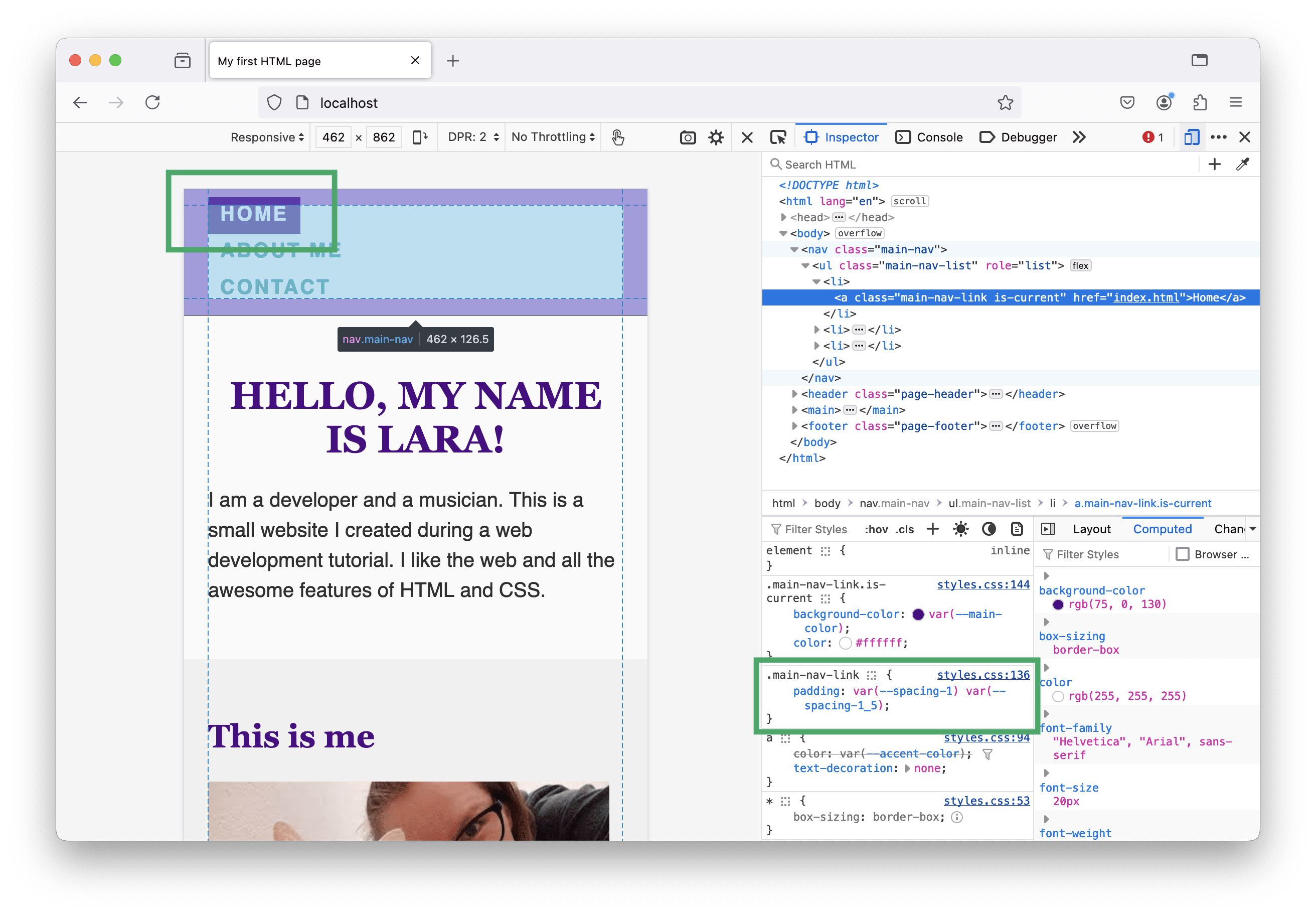 A screenshot of the homepage where the padding around the navigation is highlighted. The background of the first navigation entry overlaps with the surrounding padding.
