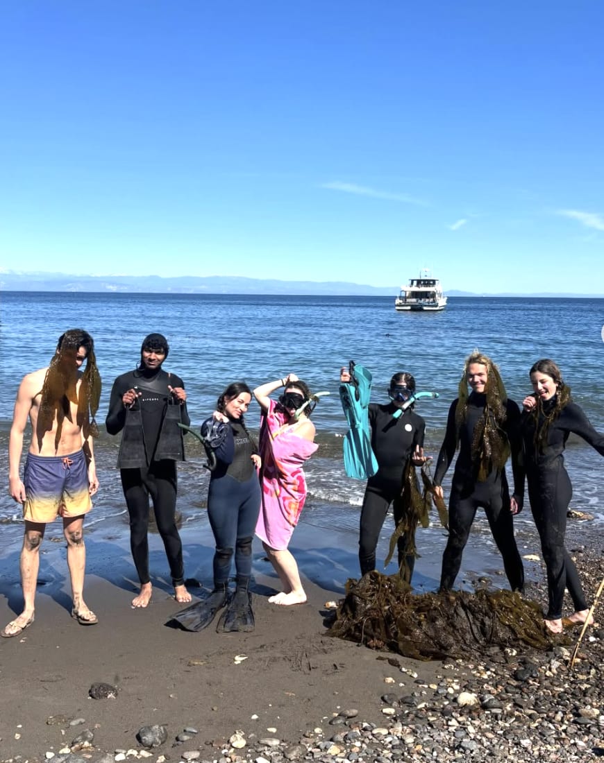 Group of students stand at the oceans shore in wetsuits and with snorkel gear.