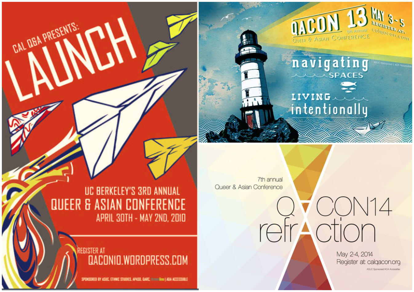 Banners from past conferences (LAUNCH, navigating spaces | living intentionally, refrAction)