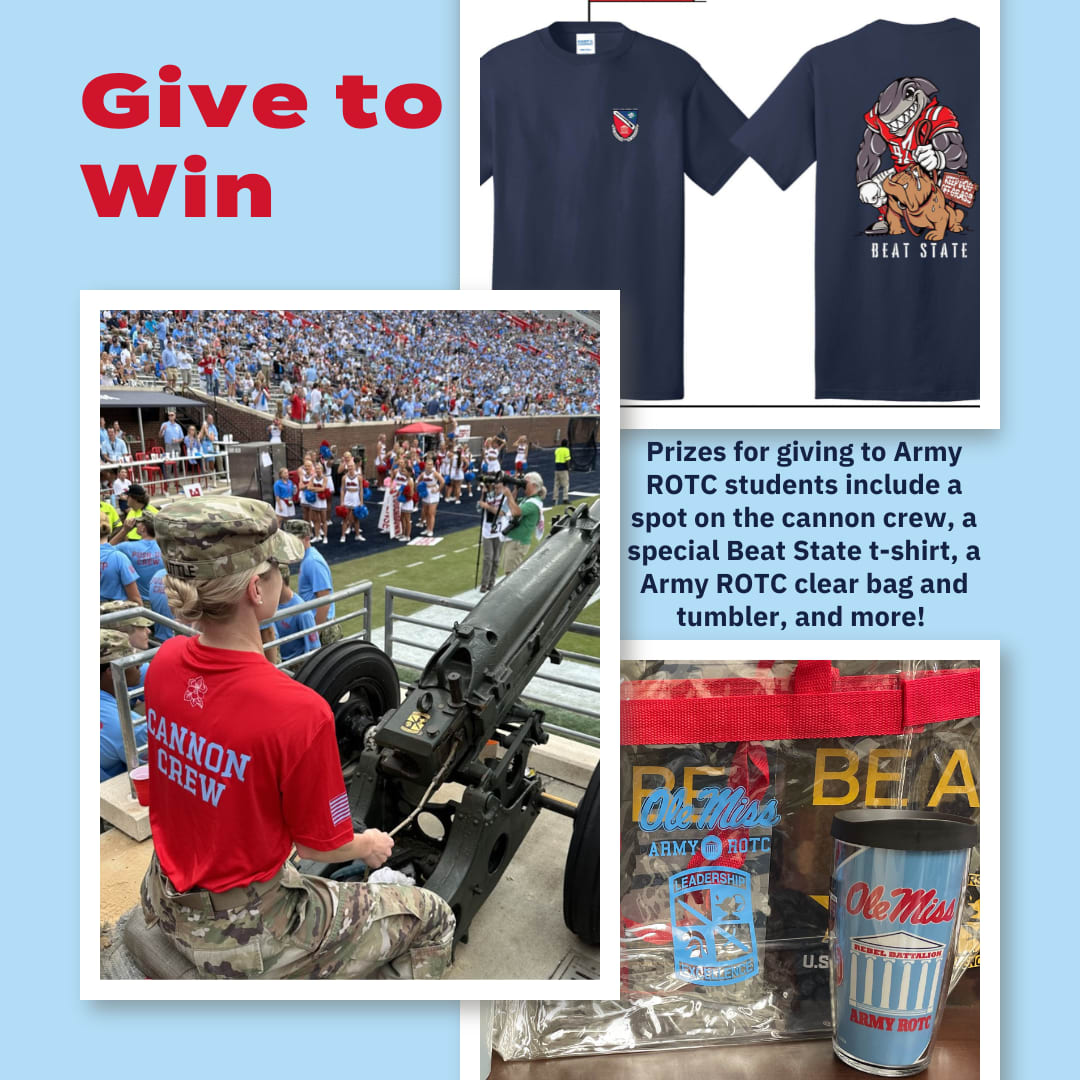 image of t-hirts, cannon crew at football game, and clear bag and tumbler than can be won as prizes for making a gift to Army ROTC students