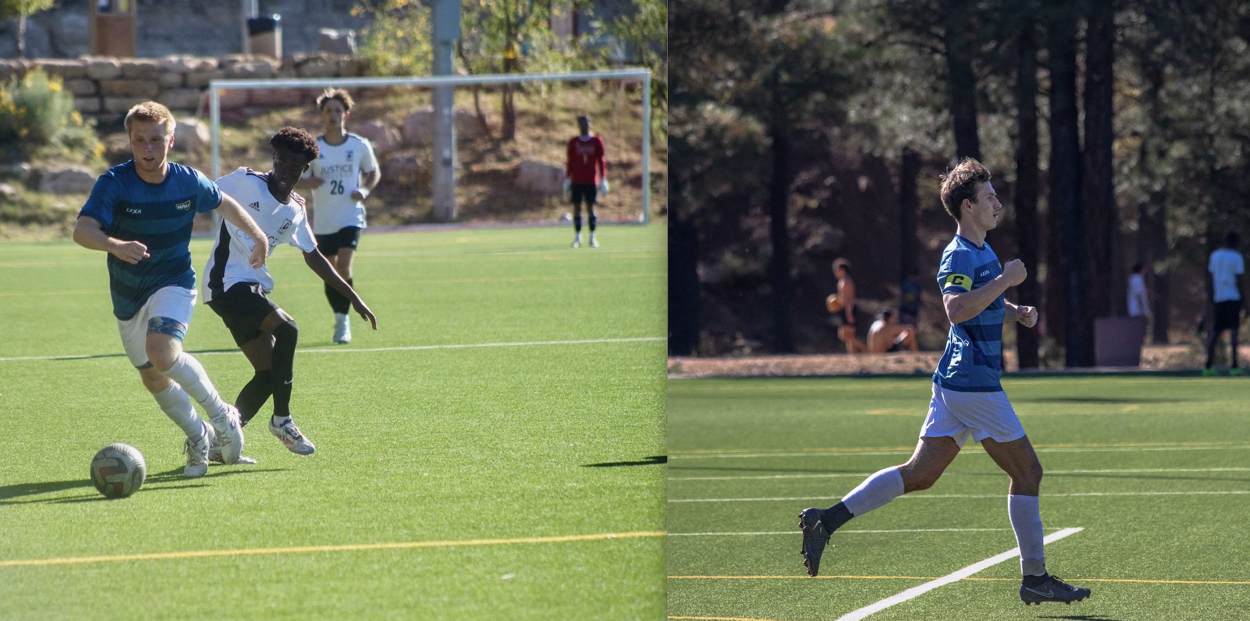(left) Player dribbling the ball on the field; (right) Player celebrating on the field after a goal