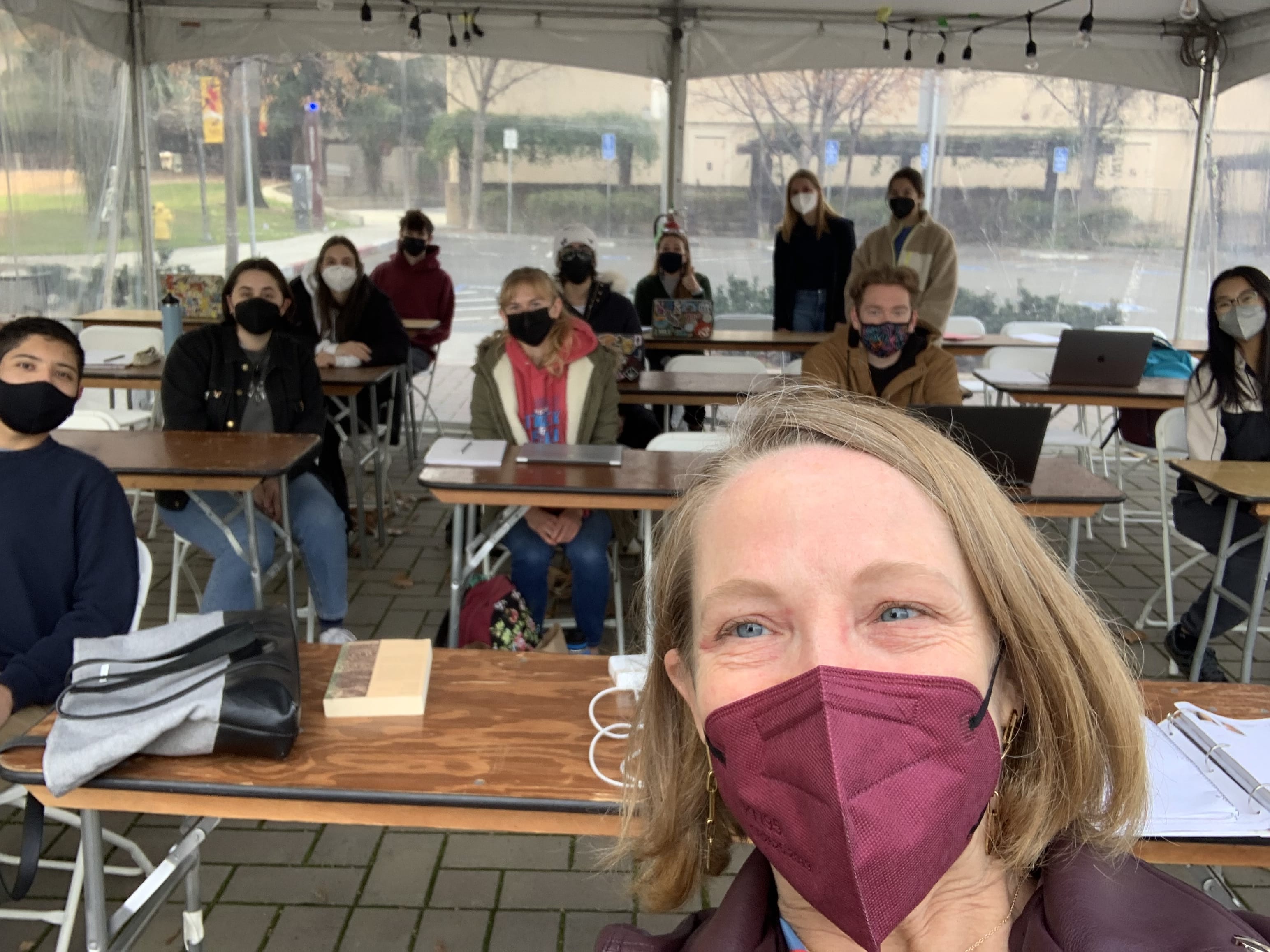 Professor Clydesdale with her class in an outdoor classroom