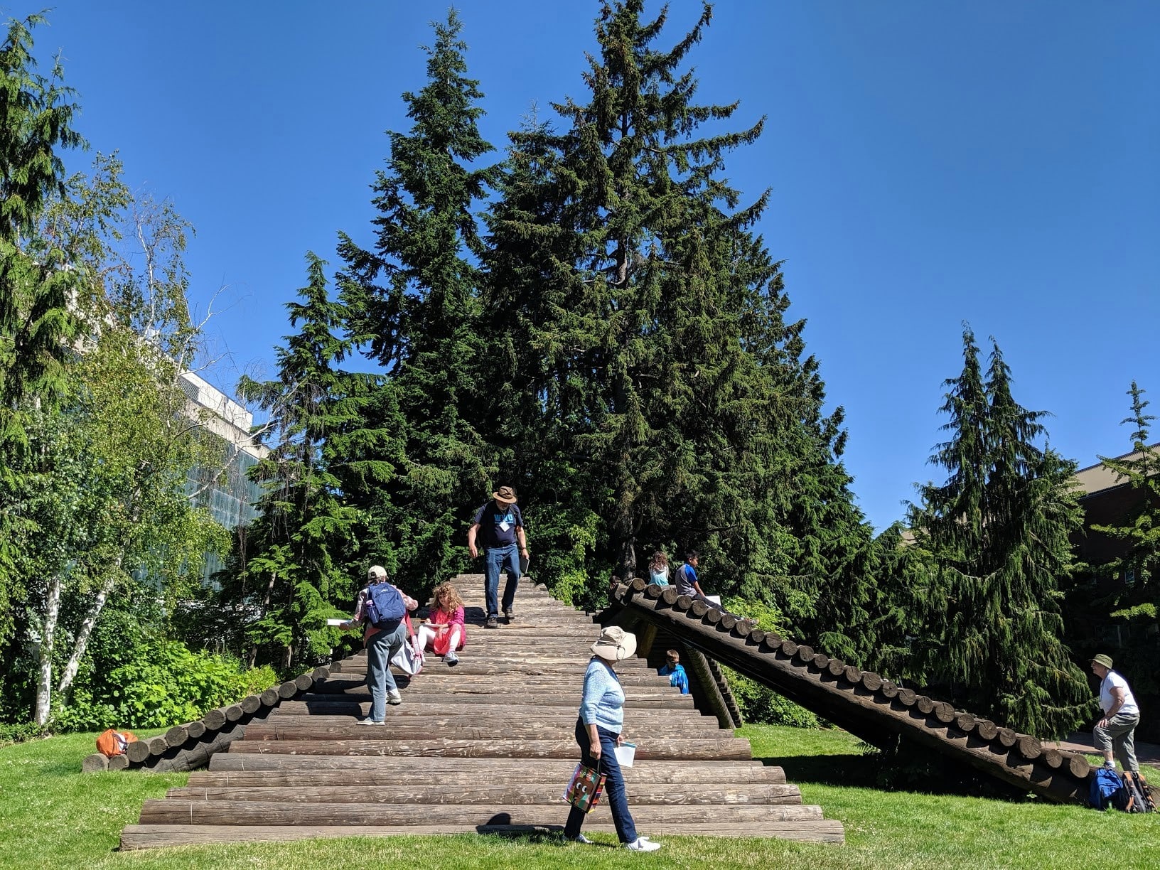 very large triangular log ramps stuck in the grass. people sitting on them.