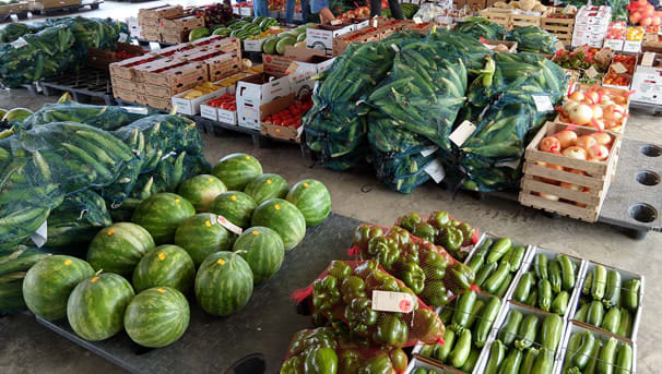 Piles of various fruits and vegetables waiting to be sold