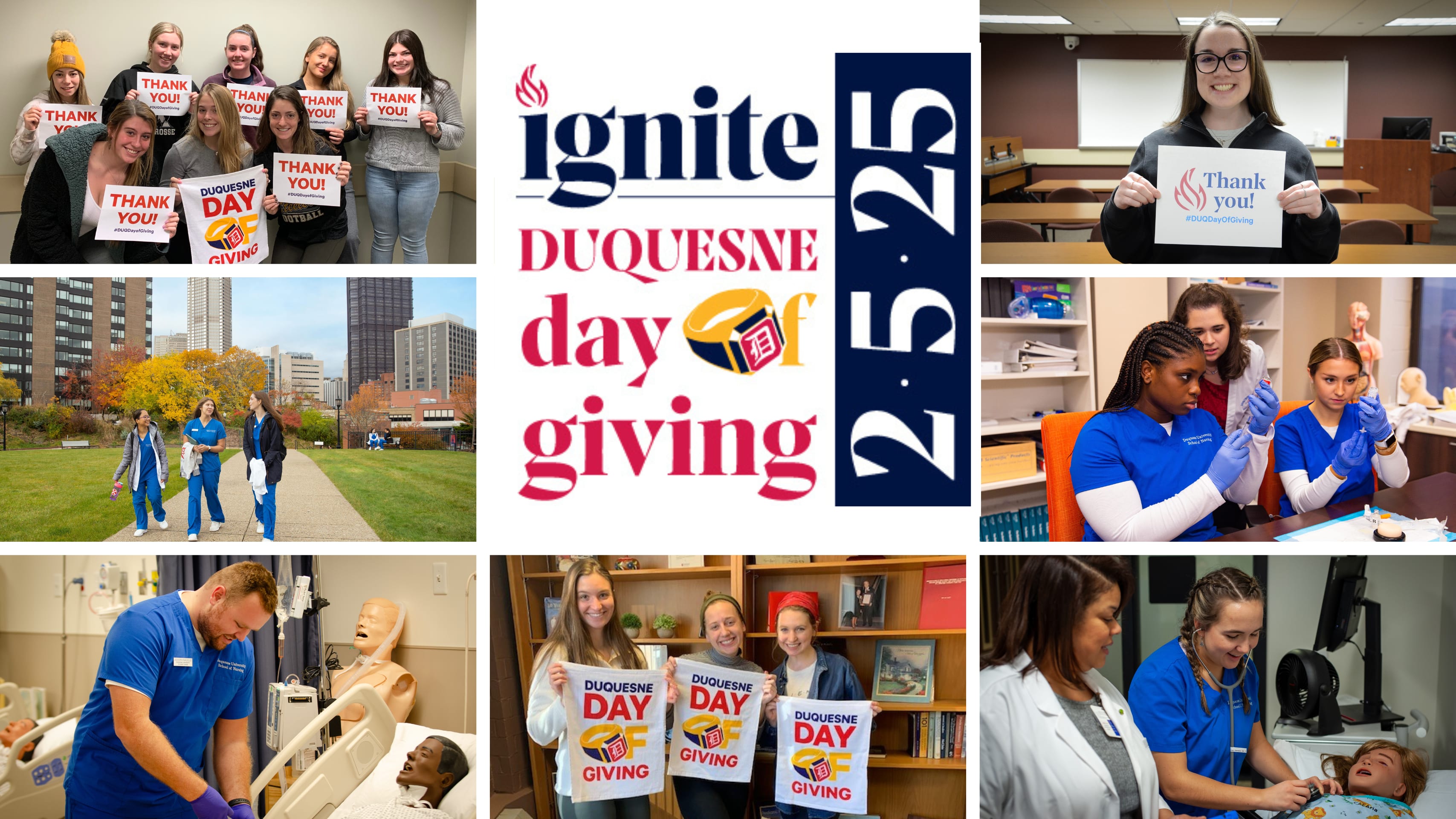 Group of nursing students smiling, holding day of giving signs, and working in a simulation lab