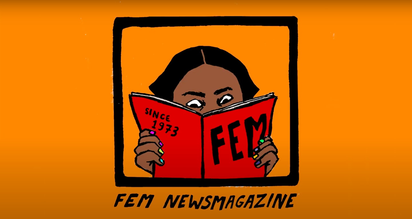 A figure reading FEM Newsmagazine in front of an orange background