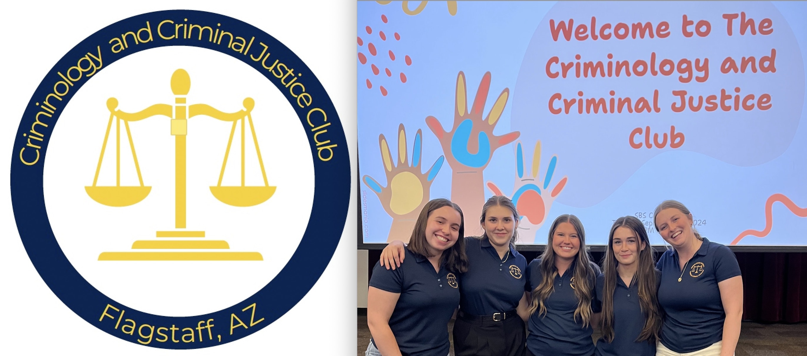 Club logo and club members posing in front of club slide at event