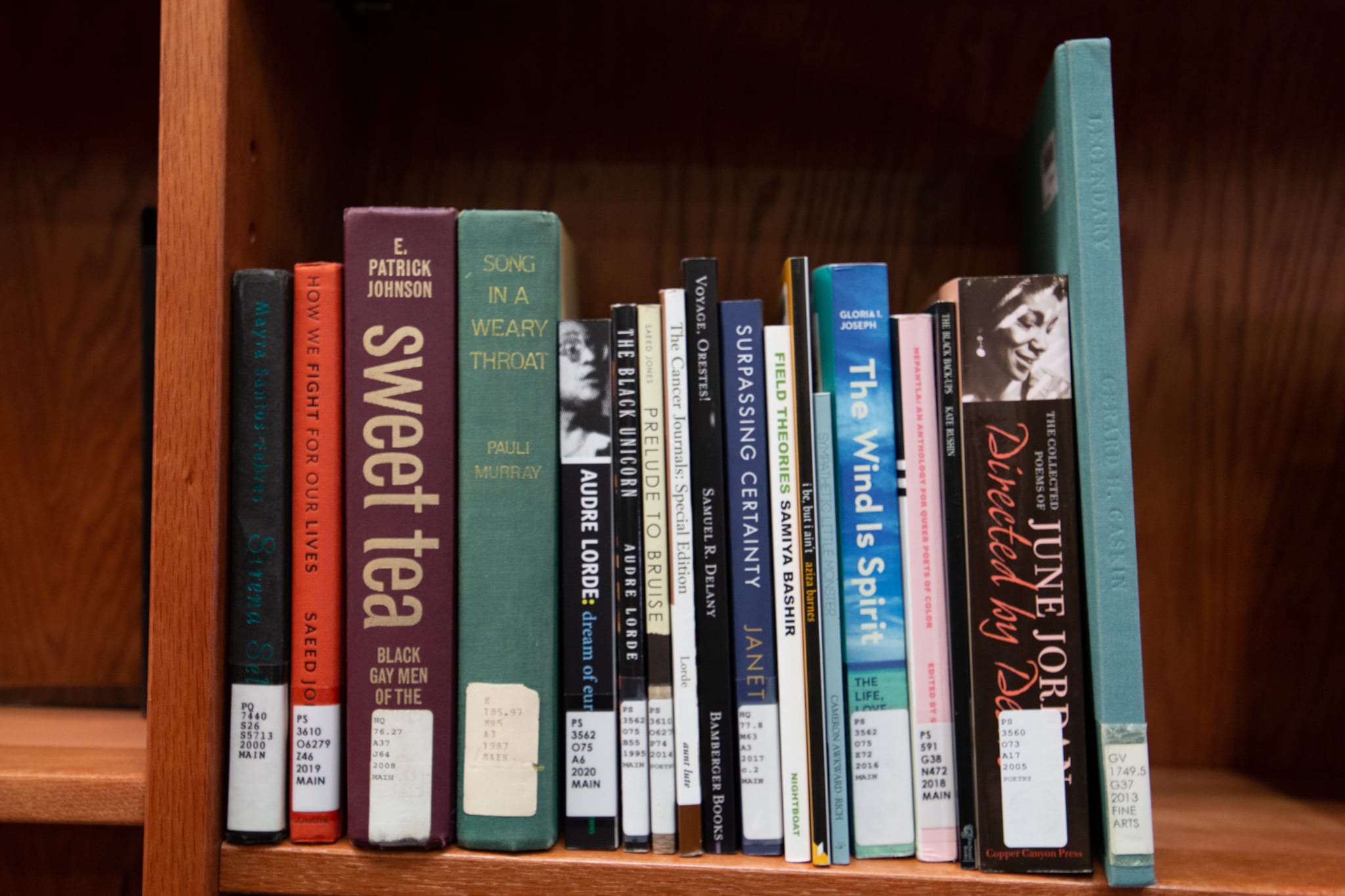 Several books from the Black Queer Studies Collection are displayed on a wooden library shelf.