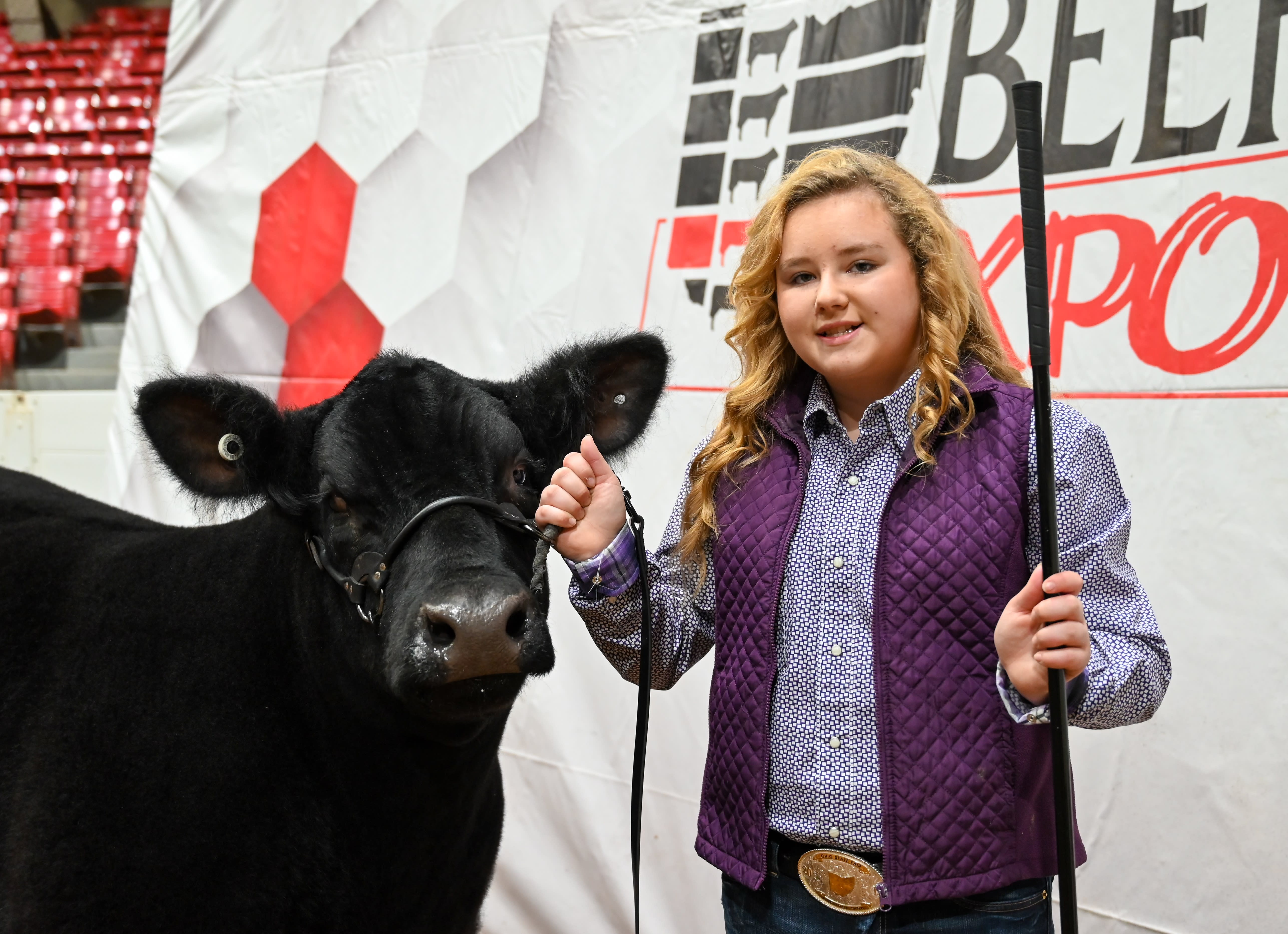 A girl holds the reigns of her steer's holder. She also holds a black pole
