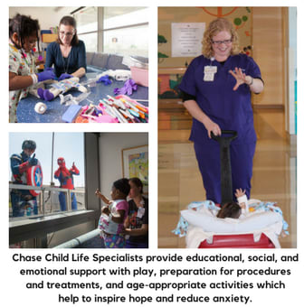 Chase Child Life Specialists provide educational, social, and emotional support with play, preparation for procedures and treatments, and age-appropriate activities which  help to inspire hope and reduce anxiety.