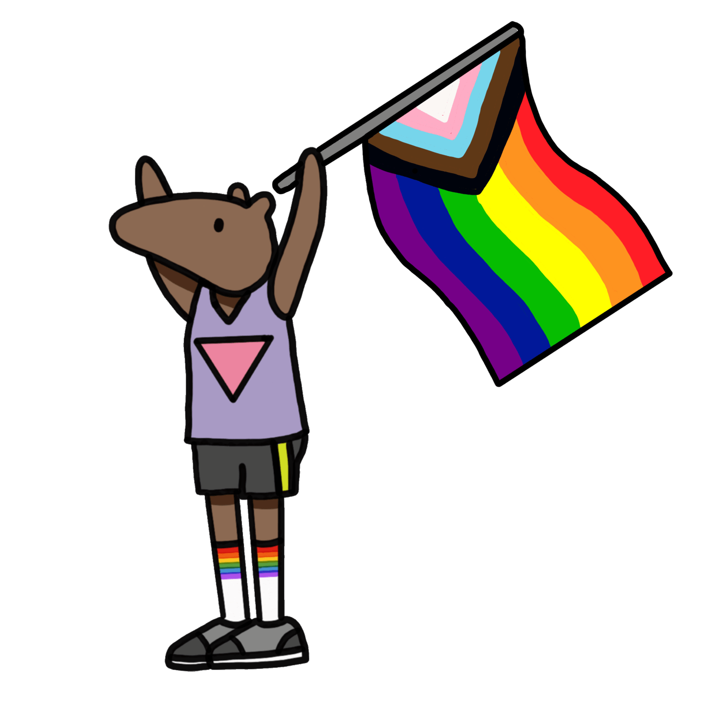 A cartoon of a bear holding a rainbow flag

Description automatically generated