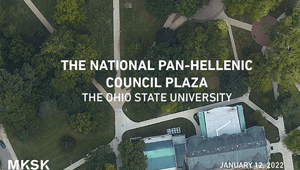 An overhead view of OSU's Oval with the words 'The National Pan-Hellenic Council Plaza, The Ohio State University' in the foreground