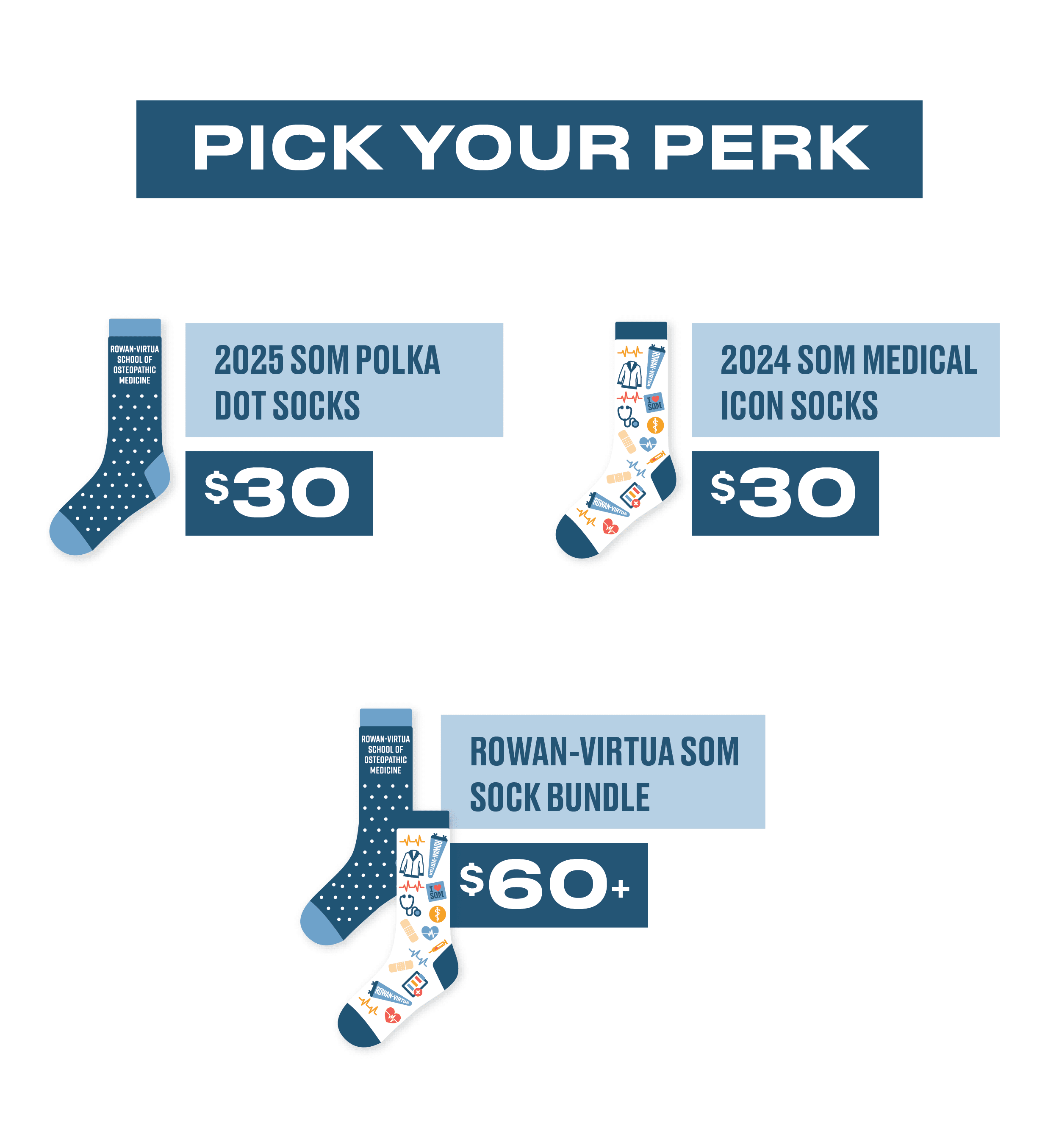 Be sure to select your perk when making your gift! Make a gift of $30 (or more) to claim your exclusive 2025 Rowan-Virtua SOM polka dot socks. Make a gift of $30 (or more) to claim your exclusive 2024 Rowan-Virtua medical-icon socks. Make a gift of $60 (or more) to claim your sock bundle. Get the best of both! Receive both the 2025 polka dot design and the 2024 SOM medical-icon design.