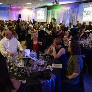 Guests in elegant attire enjoy dinner and conversation at the 2024 Celebrity Chefs Invitational. The ballroom is decorated with shimmering curtains and colorful lighting, with a stage and event presentation visible in the background.