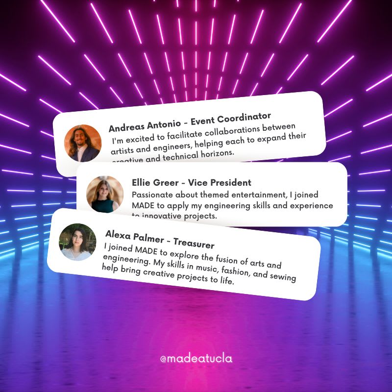 Students share testimonials on their unique contributions to MADE, highlighting their reasons for joining the club.