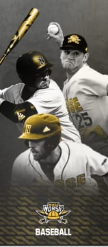 NKU Norse Baseball. Three players overlapping each other, one pitching, one batting, and one running.