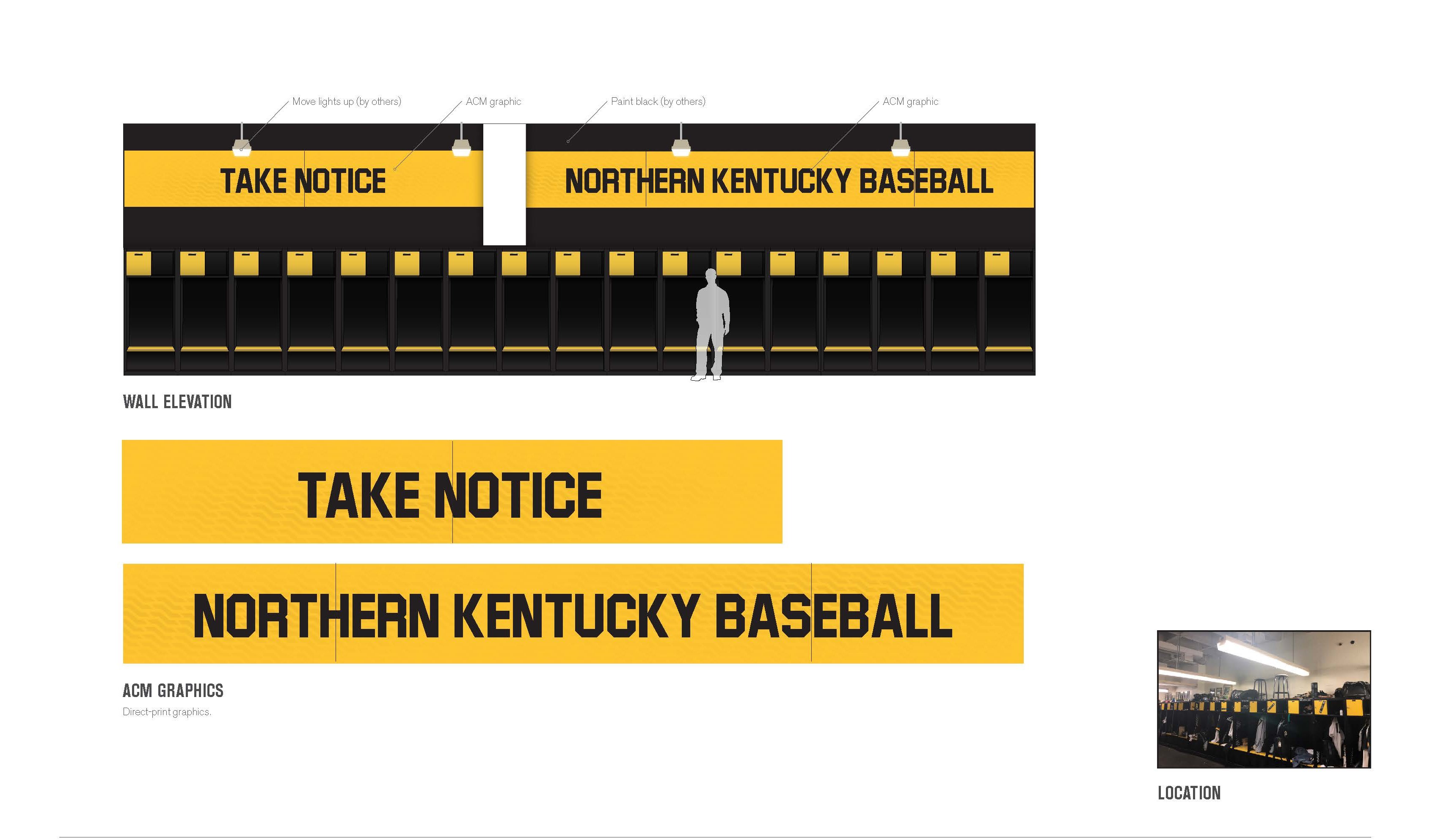 graphic detailing future plans for the baseball locker room. "take notice" and "Northern Kentucky baseball" adorn the wall above the lockers