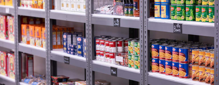 stocked shelves in the food pantry