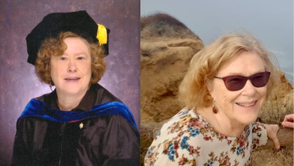 (left) Dr. Susan Deeds in regalia; (right) Casual picture of Dr. Susan Deeds near an ocean