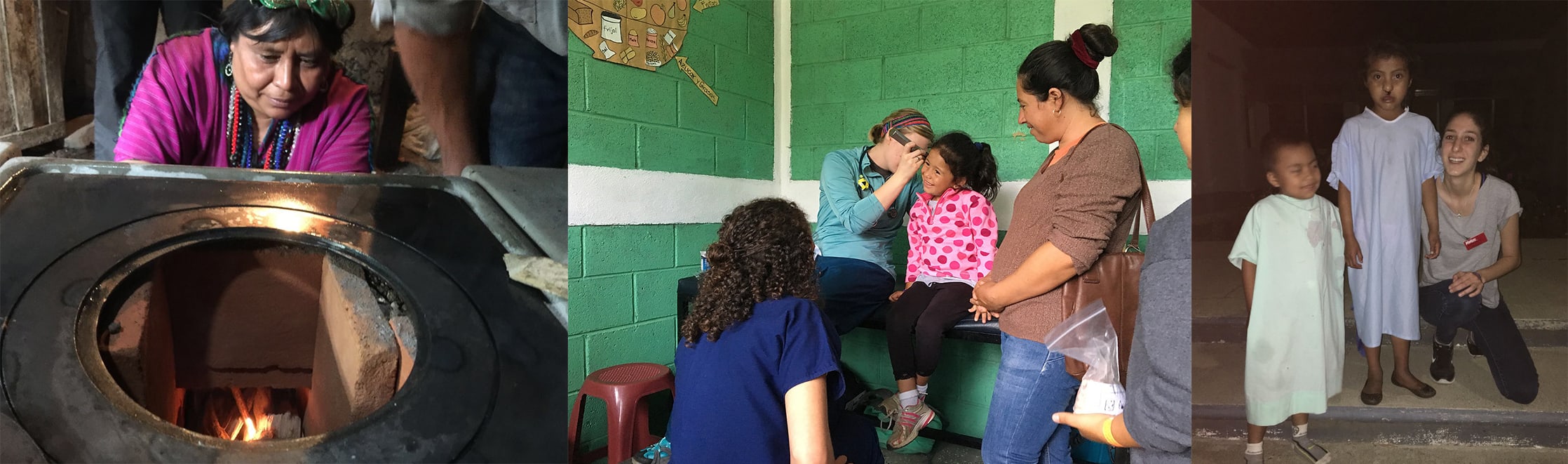 Collage of Guatemalan stove, child at doctor, and group picture