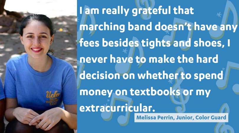 I am really grateful that marching band doesn’t have any fees besides tights and shoes, I never have to make the hard decision on whether to spend money on textbooks or my extracurricular.