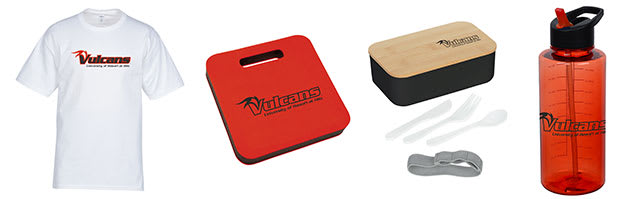 Vucan T-Shirt, seat cushion, bento box, water bottle