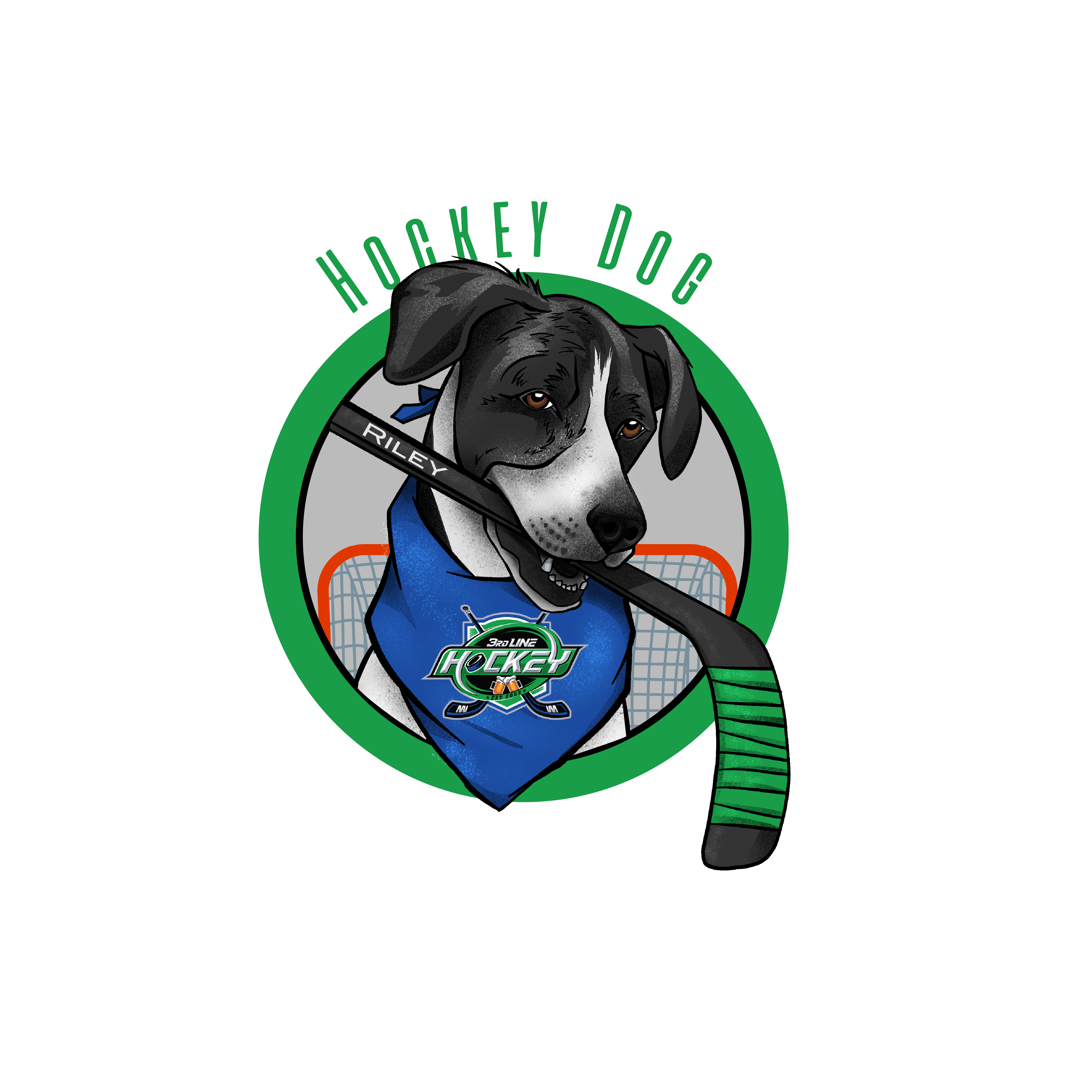 Hockey Dog logo: a black and white dog holding a black hockey stick in it's mouth. It also wears a blue bandana around its neck
