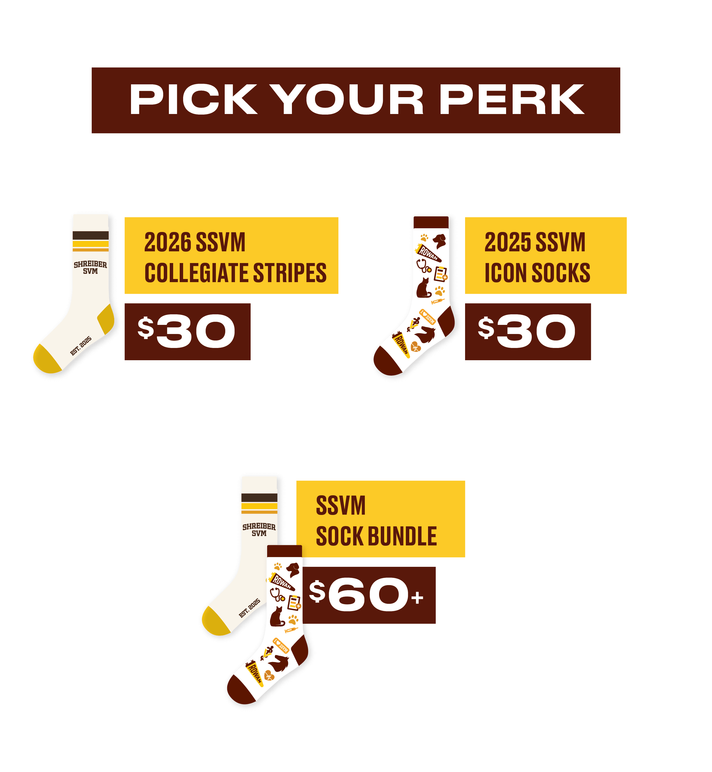 Be sure to select your perk when making your gift! Make a gift of $30 (or more) to claim your exclusive 2026 SSVM Collegiate Stripes socks Make a gift of $30 (or more) to claim your exclusive 2025 SSVM Icon socks. Make a gift of $60 (or more) to claim your sock bundle. Get the best of both! Receive both the 2026 collegiate stripes design and the 2025 icon design. Not interested in socks? You can still make an impact—Select "No Perk" when making your gift.