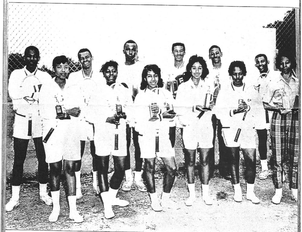 Image of State tennis champions and runner-ups for Virginia Black high schools (Arthur Ashe, back row, fourth from the left), April 1960. Photo courtesy of Doug Smith.