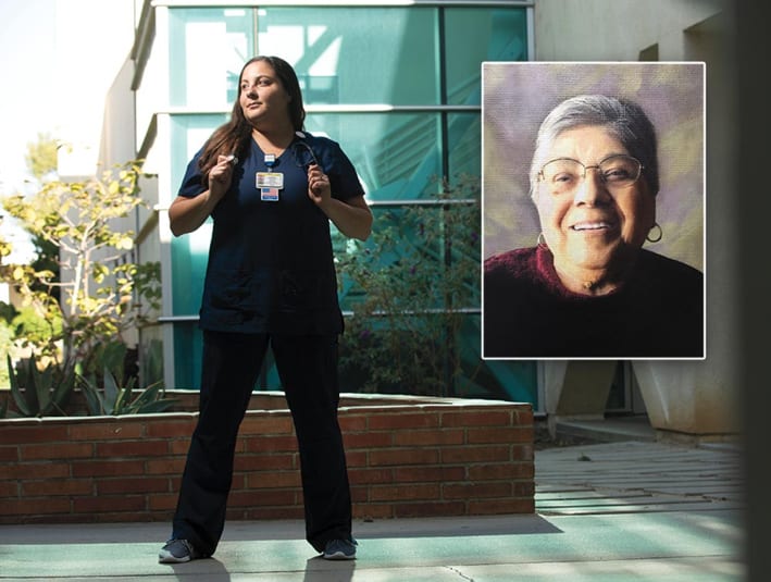 Student Roxanne Aguirre as a nurse and her late grandmother Julia Ortiz