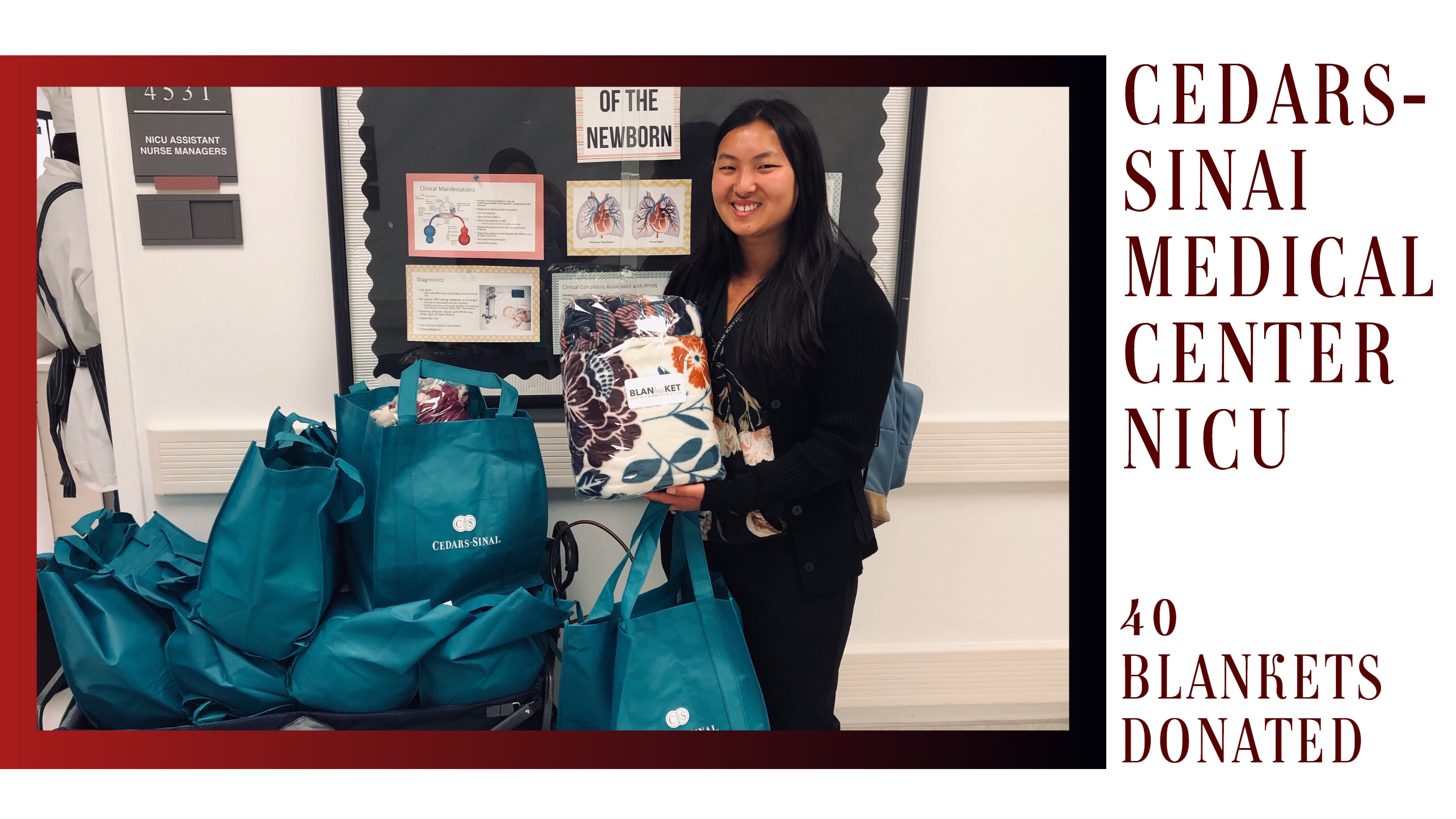 Camille Ng with the blankets which were donated to the Cedars-Sinai Medical Center NICU