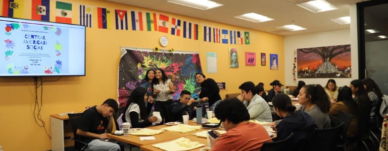 2 tables with students seated around them eating