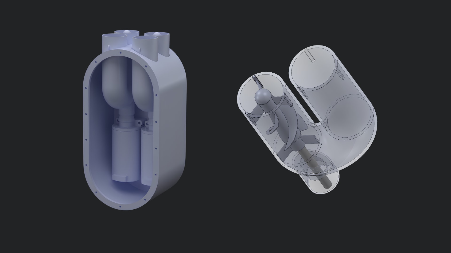 A graphic of the TAH housing and internal axial-flow pump tubing side-by-side against a black background.
