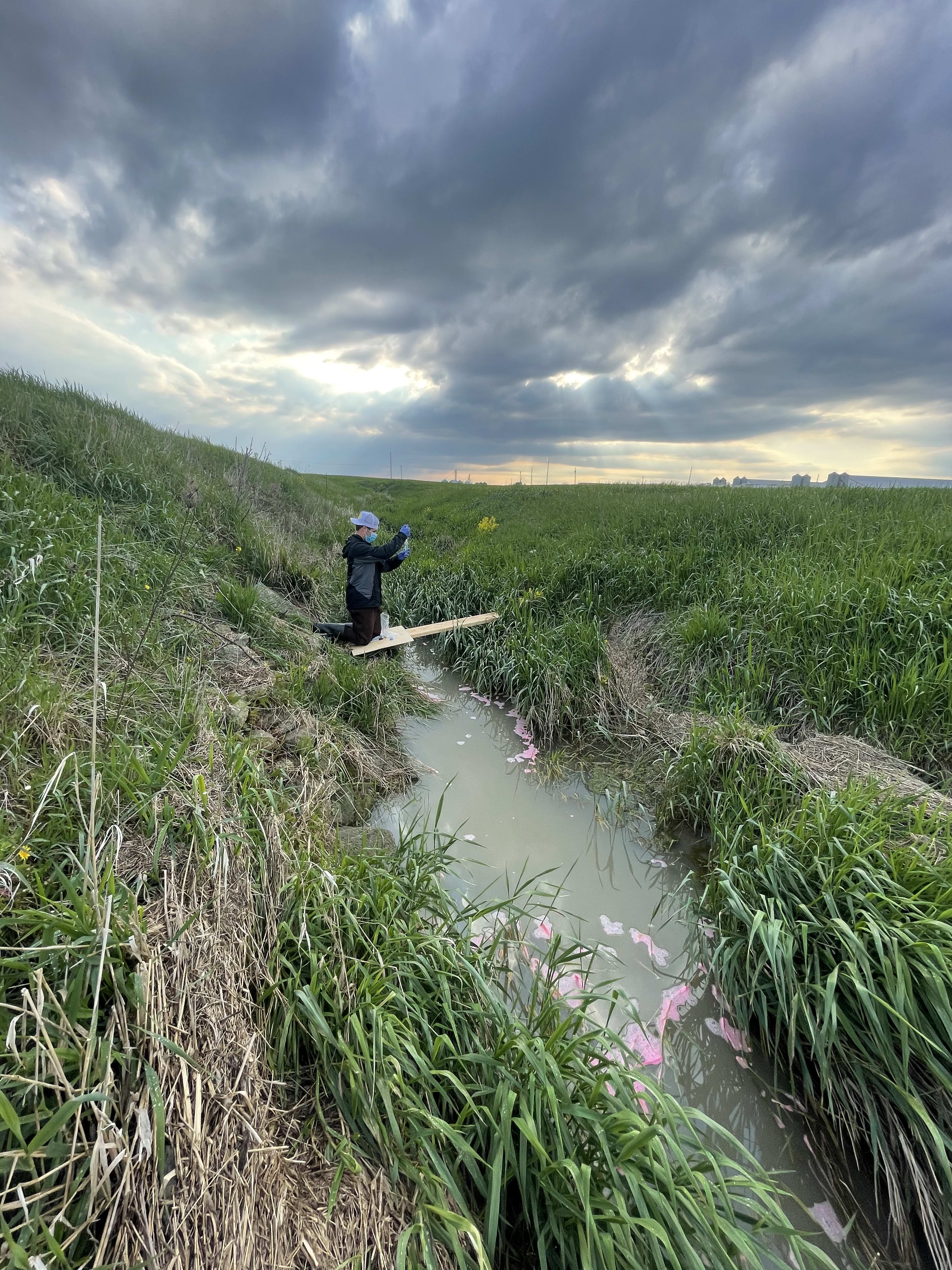 A student sits on their knees, collecting samples from the river water