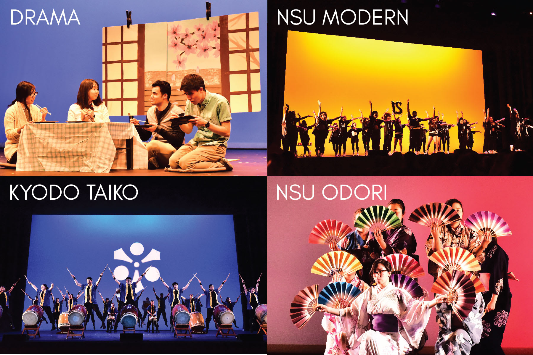 An image of the four performance groups (drama, Kyodo Taiko, NSU Odori, and NSU Modern) on Royce Hall stage. 