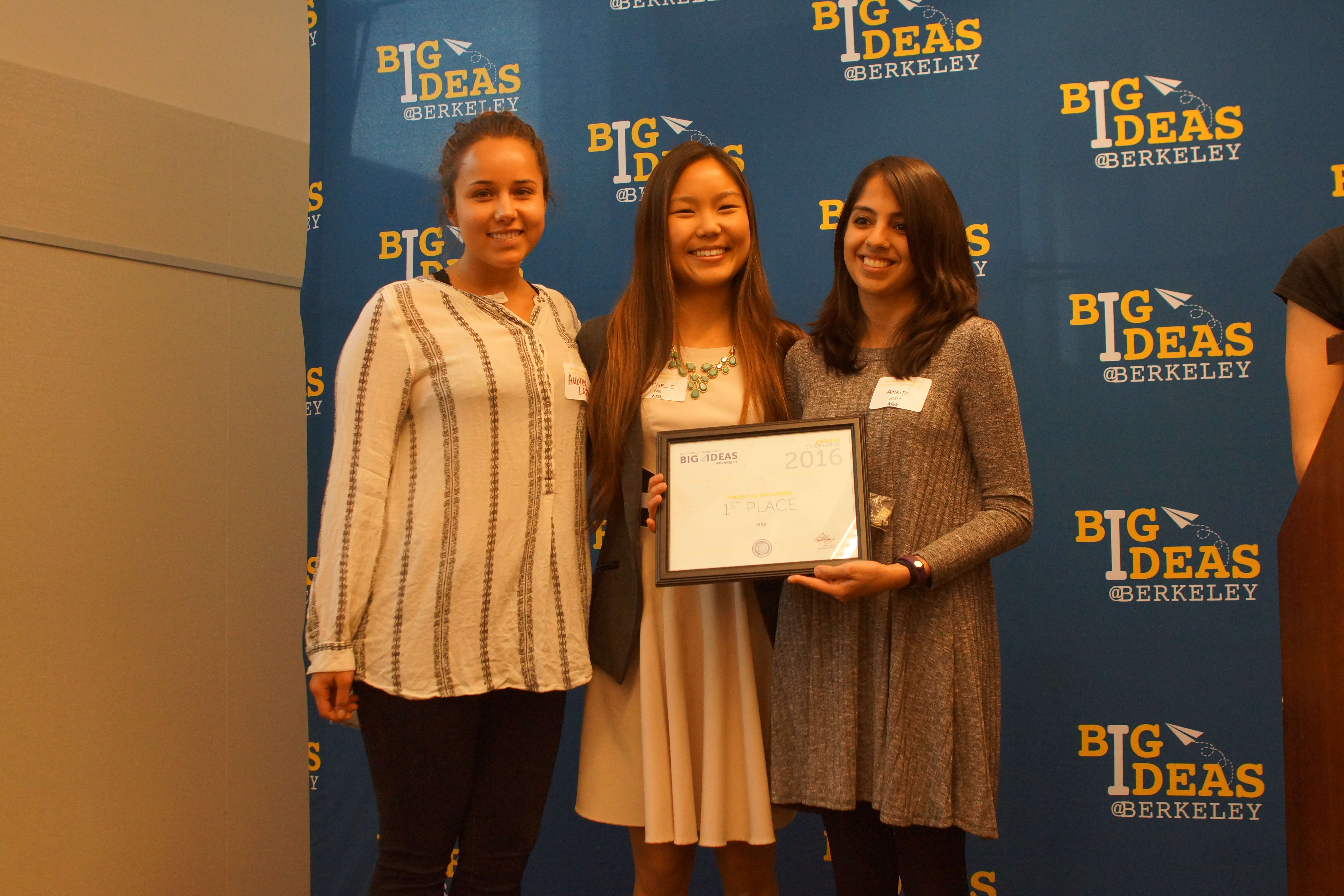 Cofounders Aubrey, Michelle, and Ankita accepting their Big Ideas prize!