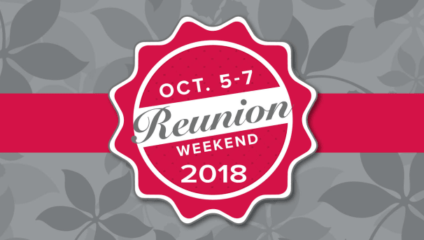 Reunion Weekend logo with Oct. 5-7 2018 surrounding it. Behind it is grey buckeye leaves