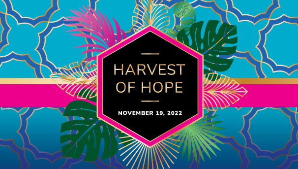 Harvest of Hope 2022 logo on a multicolored background. Various leaves are beside the main logo