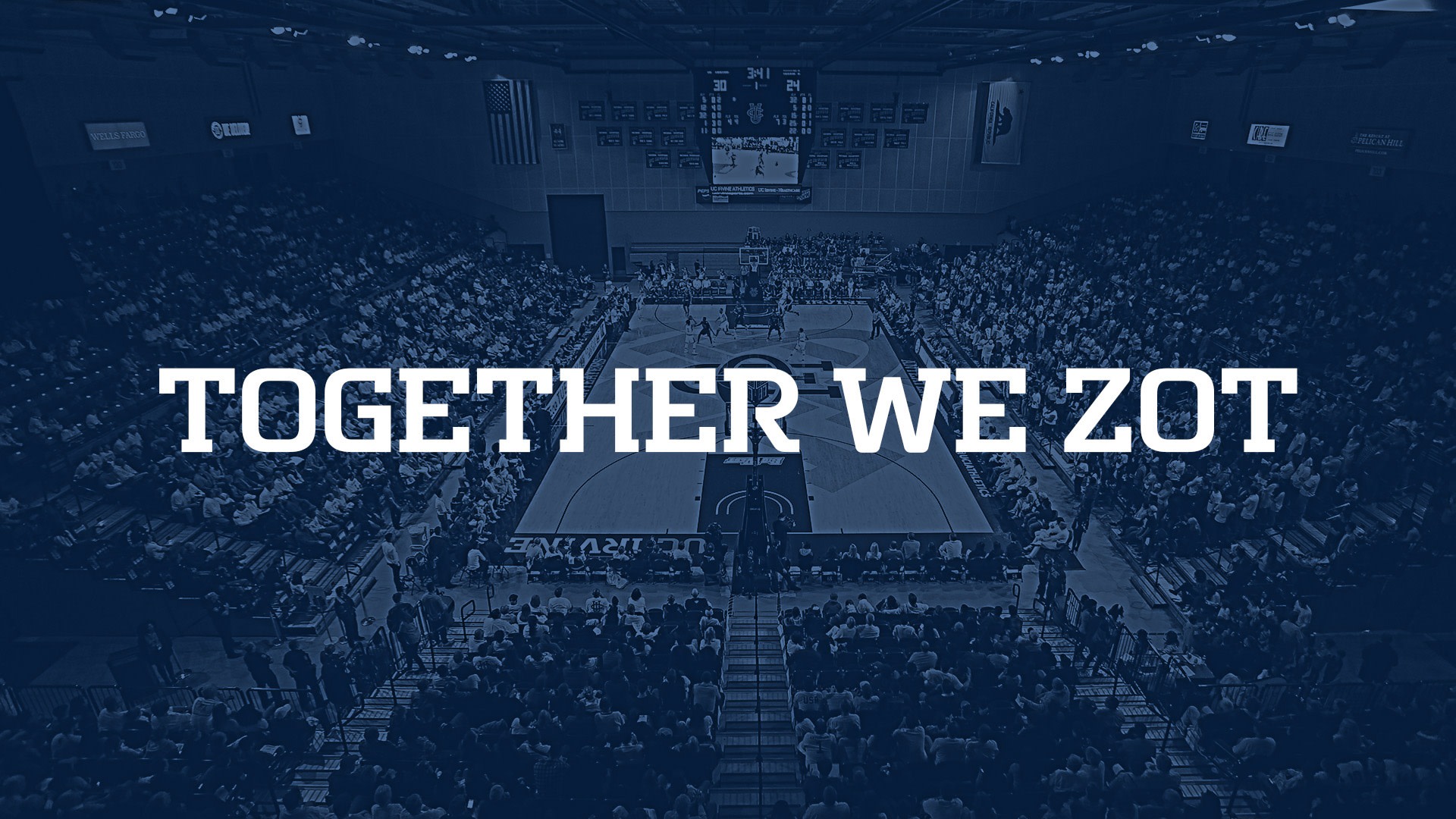 A wide view of the Bren Events Center, overlaid with large text that reads 'TOGETHER WE ZOT'