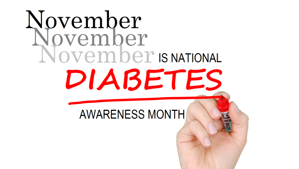 November is National Diabetes Awareness Month with "DIABETES" in bold red. A hand holds a red marker